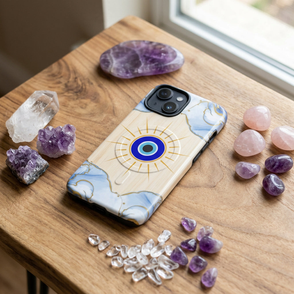 Phone case with blue eye design and marble pattern on a white background