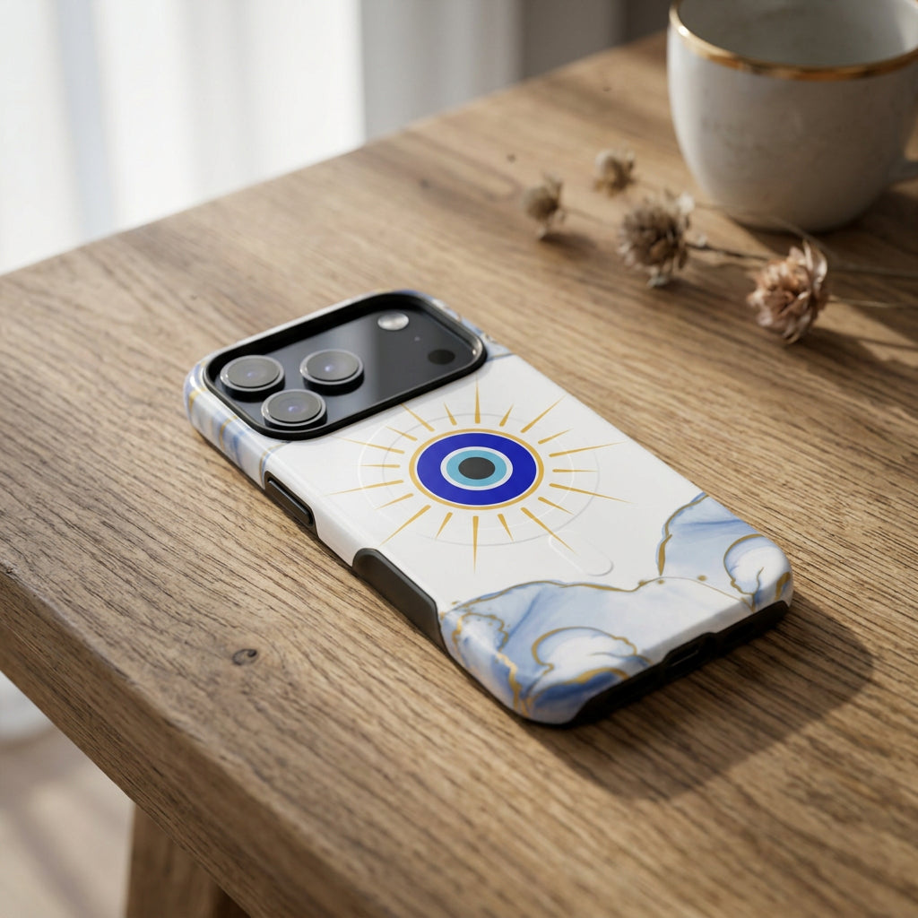 Phone case with a blue eye design and marble pattern on a white background