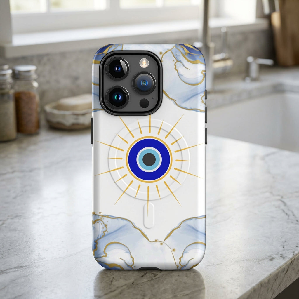 Phone case with blue eye design and marble pattern on a white background