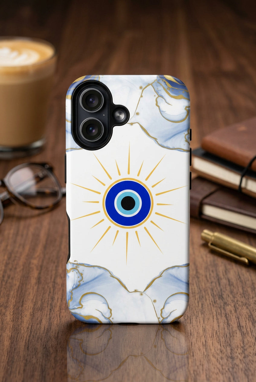 Phone case with a blue evil eye on a white background