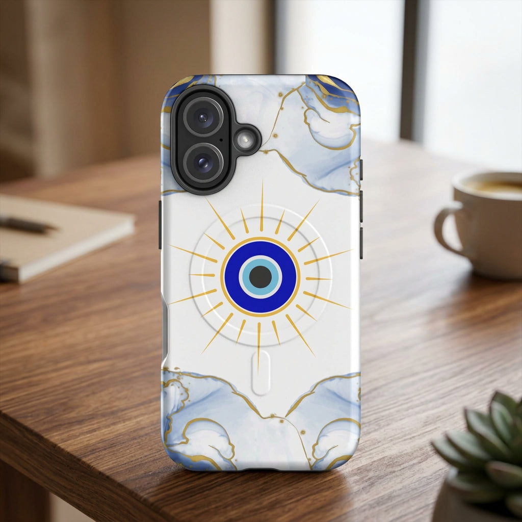 Phone case with a evil eye design on a white background