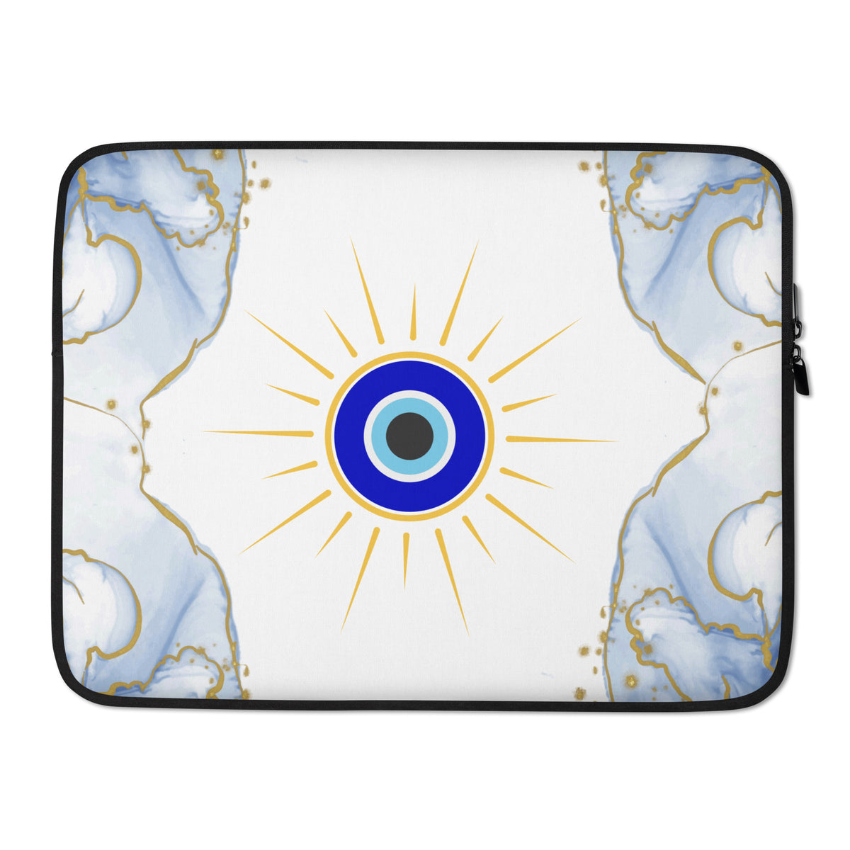 A laptop sleeve featuring a central blue and gold evil eye sunburst design on a white background, framed by symmetrical light blue and white marble patterns with gold veining along the sides, shown on a plain white background.