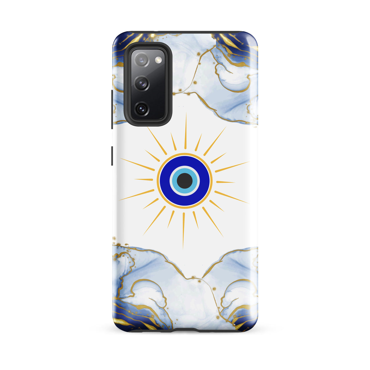 A protective phone case featuring a white background with a central blue and gold evil eye design, framed by blue and gold marble patterns at the top and bottom, shown on a plain white background.