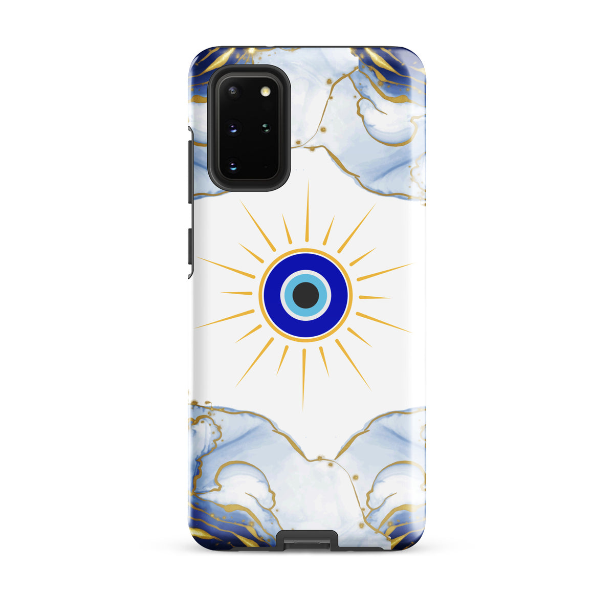 A protective phone case featuring a white background with a central blue and gold evil eye design, framed by blue and gold marble patterns at the top and bottom, shown on a plain white background.