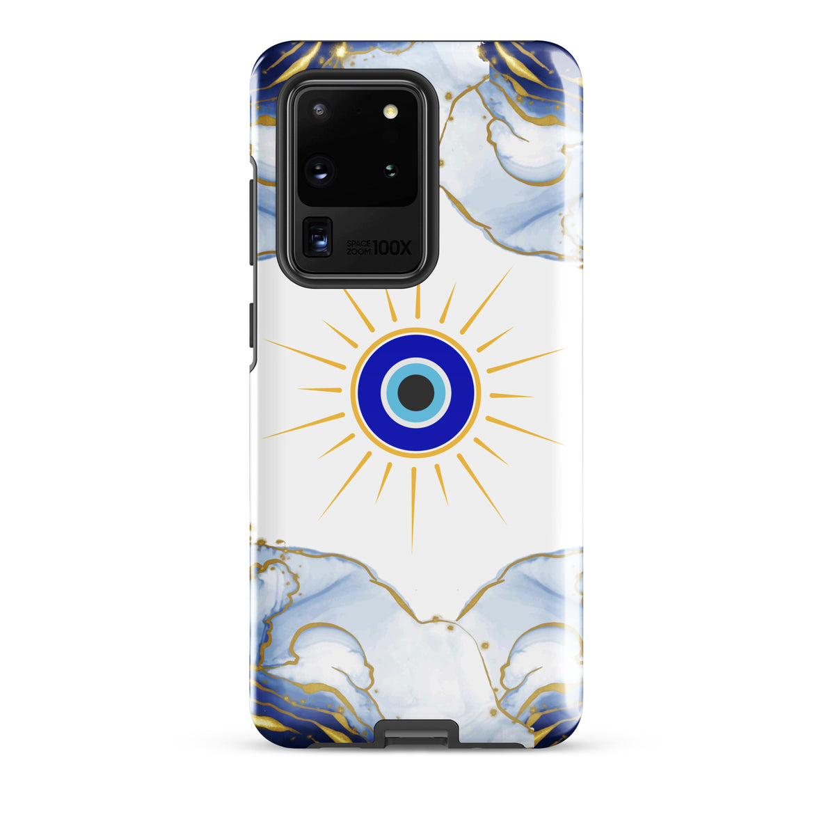 A protective phone case for a Samsung Galaxy S20 Ultra, featuring a white background with a central blue and gold evil eye design and blue and gold marbled patterns at the top and bottom.