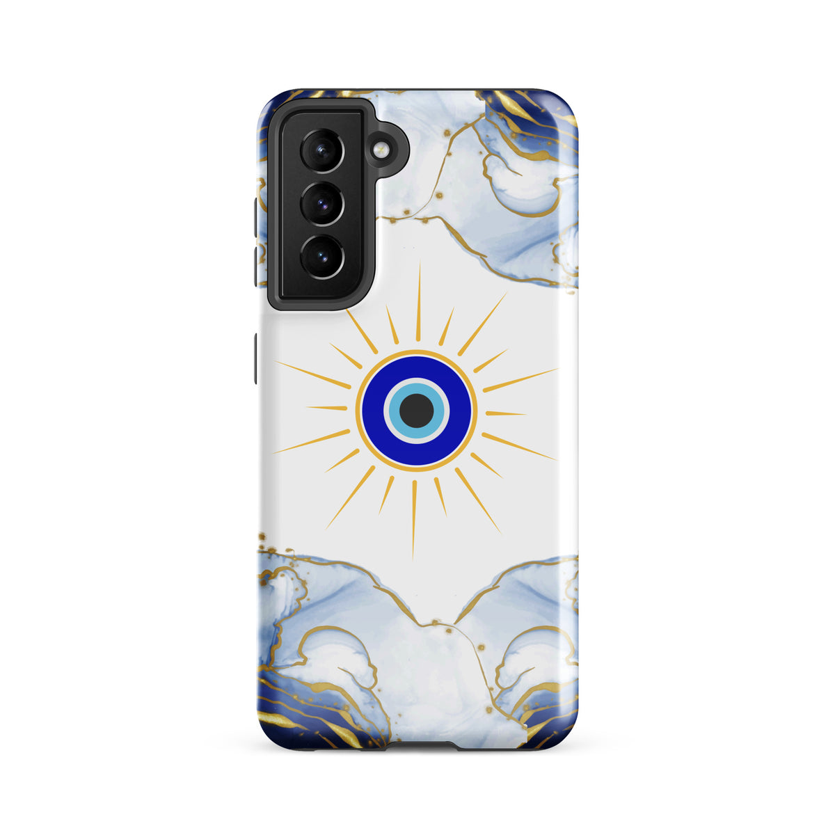A protective phone case featuring a white background with a central blue and gold evil eye design, surrounded by blue and gold marble patterns at the top and bottom, shown on a plain white background.