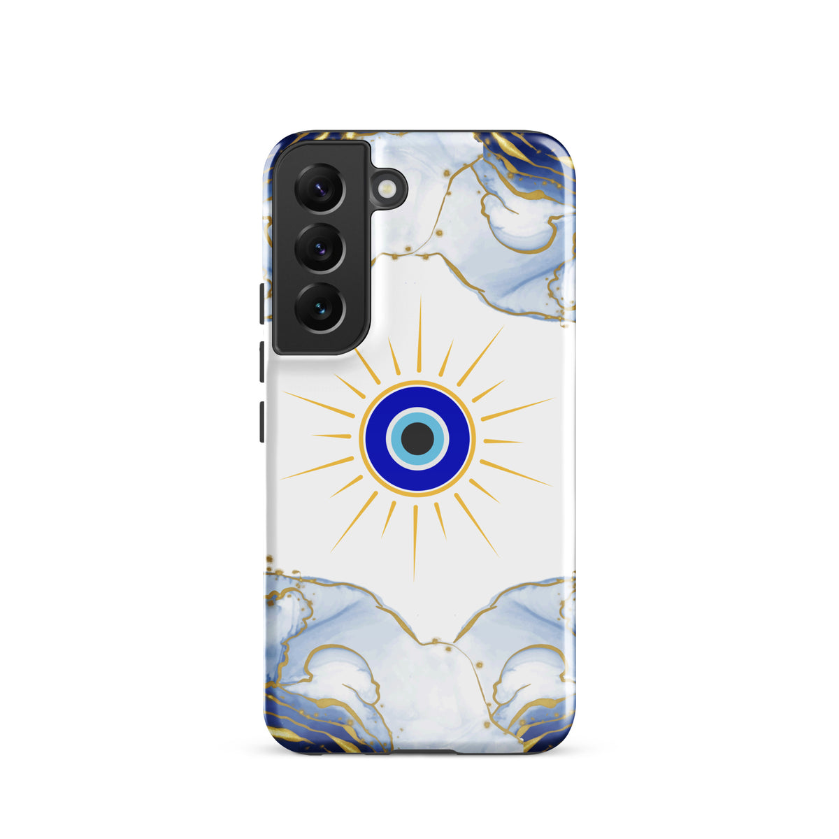 A phone case featuring a white background with a central blue and gold evil eye sun design, framed by a light blue and gold marble pattern at the top and bottom, shown on a plain white background.