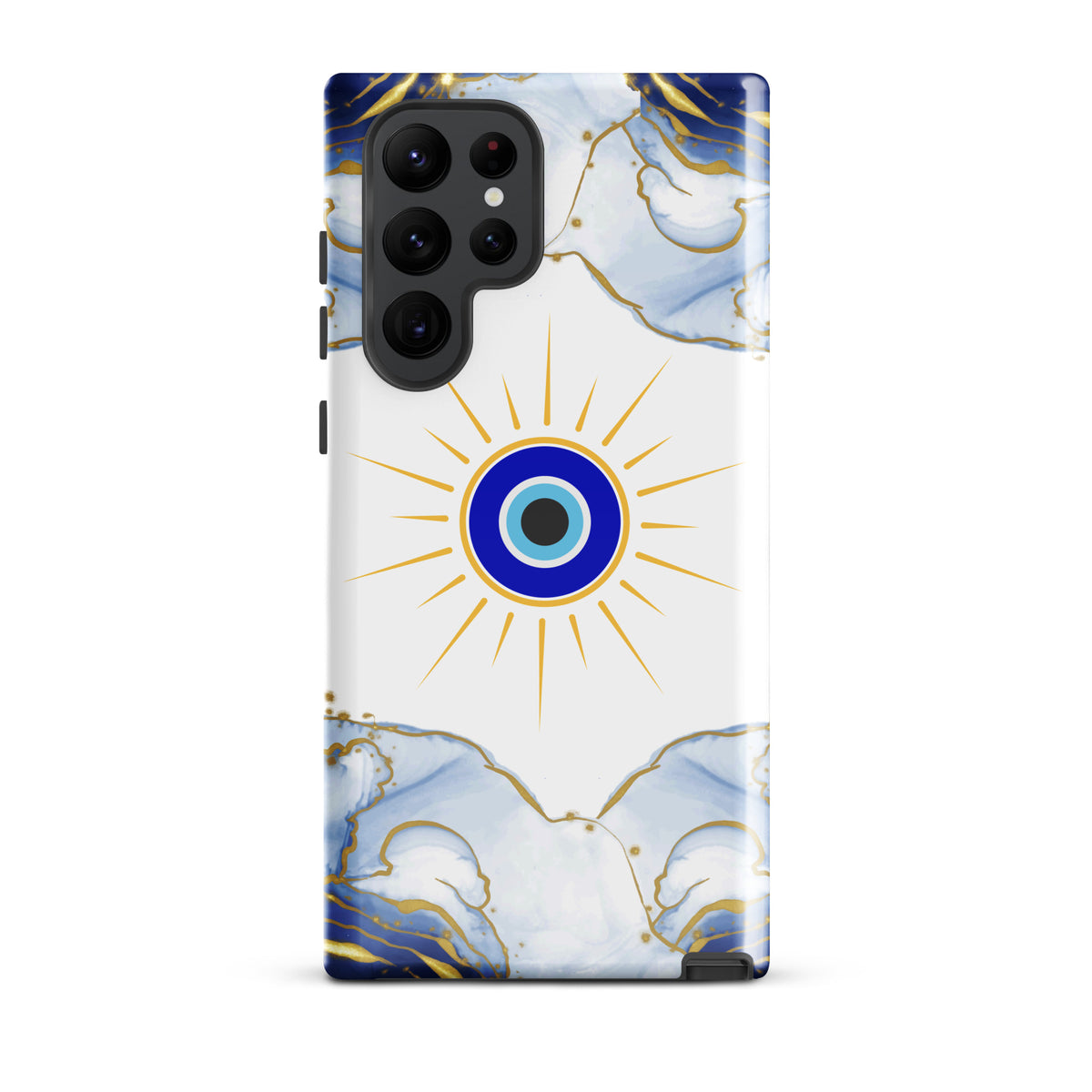 A protective phone case featuring a white background with a central blue and gold evil eye sun design, framed by blue and gold marble patterns at the top and bottom, shown on a plain white background.