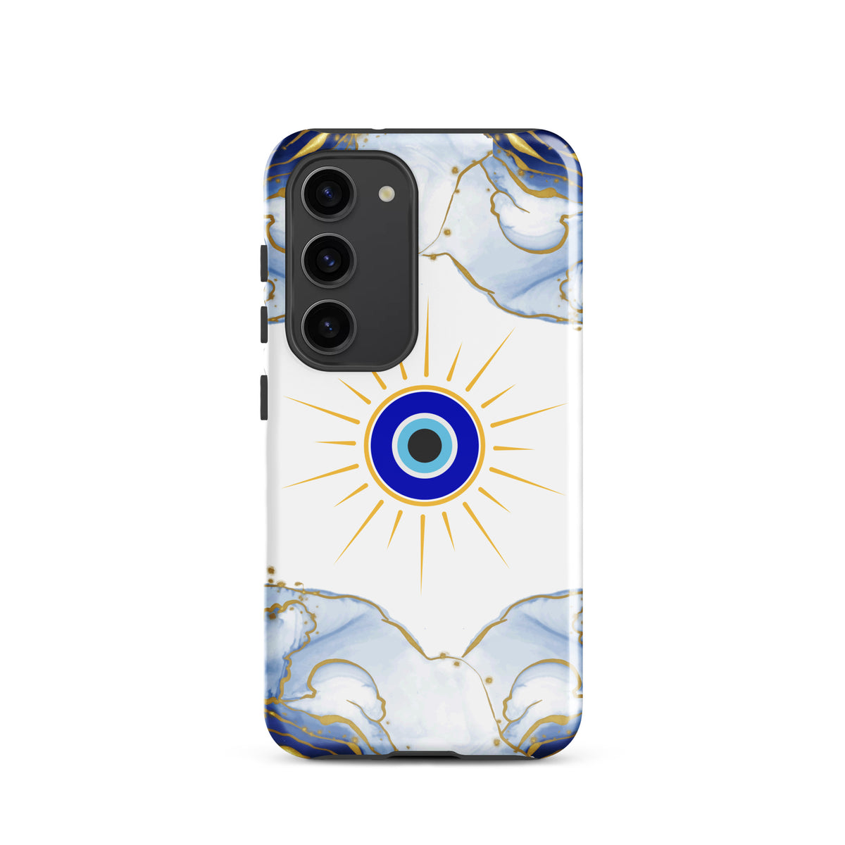 A phone case featuring a white background with a central blue and black evil eye sunburst design, framed by light blue and gold marble-like cloud patterns at the top and bottom, shown on a plain white background.