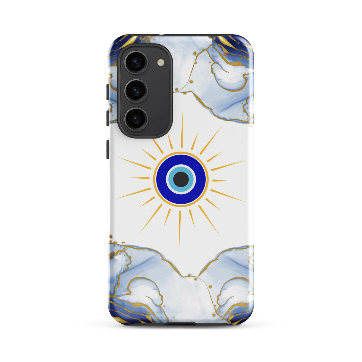 A phone case featuring a white background with a central blue and gold evil eye sun design, framed by blue and gold marble patterns at the top and bottom, shown on a plain white background.