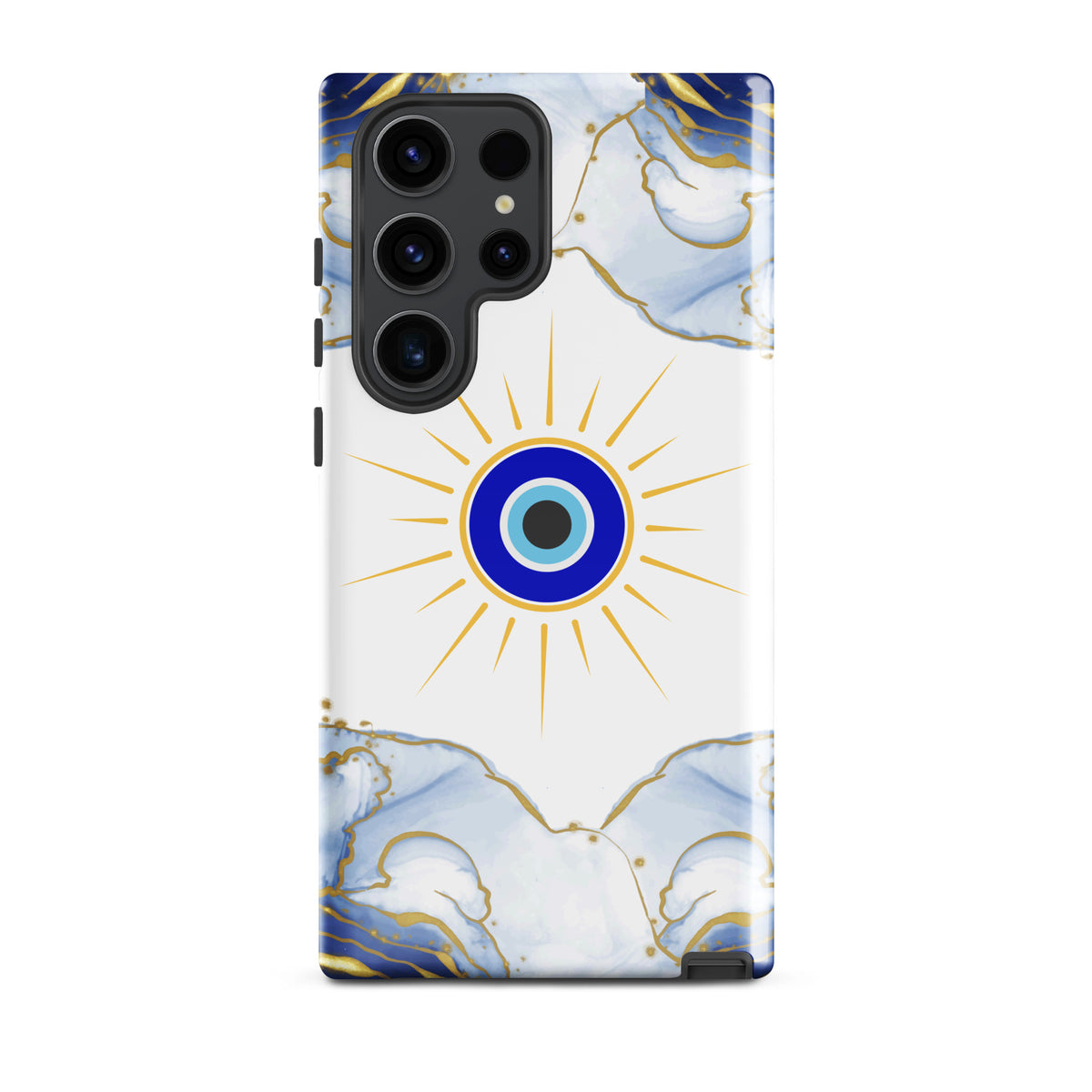 A phone case featuring a white background with a central blue and gold evil eye sun design, framed by blue and gold marble patterns at the top and bottom, shown on a plain white background.