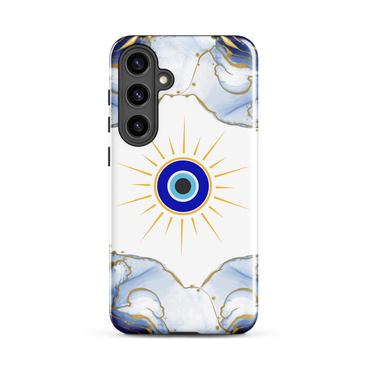 A phone case featuring a white background with a central blue and gold evil eye sunburst design, framed by blue and gold marble patterns at the top and bottom, shown on a plain white background.