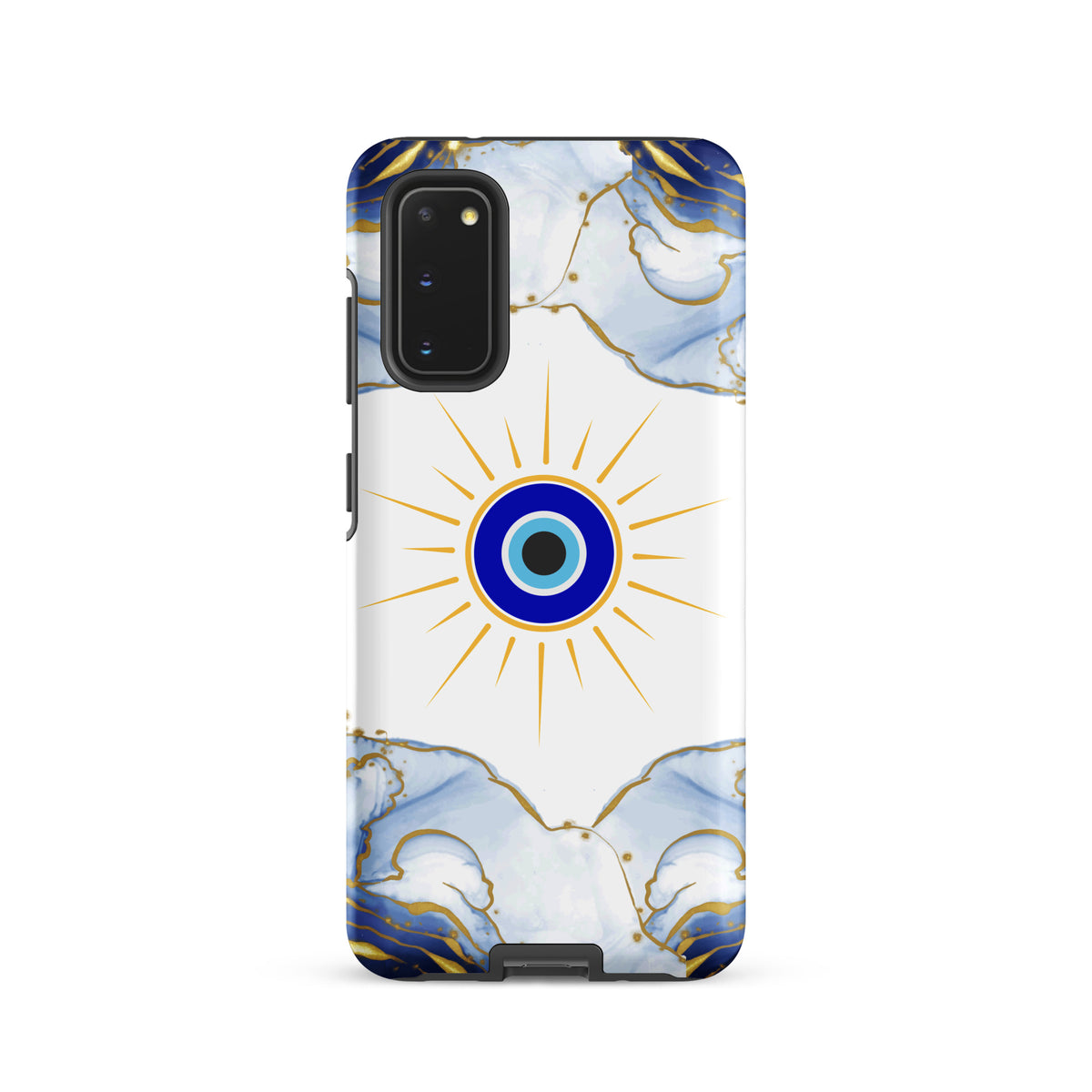 A protective phone case featuring a white background with a central blue and gold evil eye sun design, framed by blue and gold marble patterns at the top and bottom, shown on a plain white background.