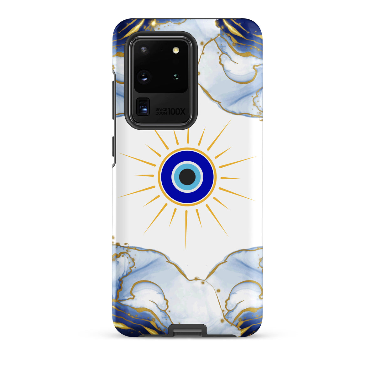A protective phone case featuring a white background with blue and gold marble patterns, a central blue and black evil eye design, and gold sunburst rays.