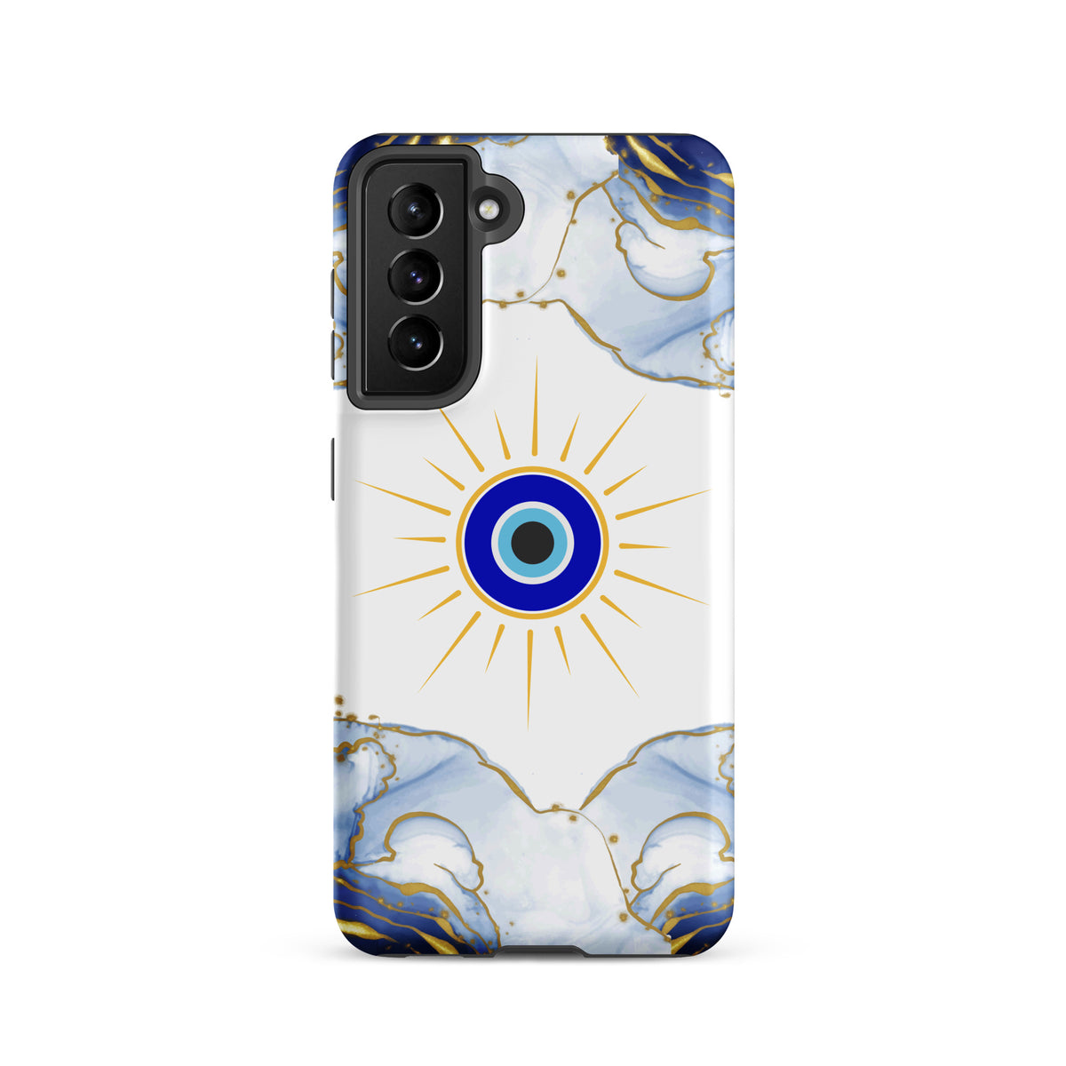 A phone case featuring a white background with a central blue and gold evil eye sun design, framed by blue and gold marble patterns at the top and bottom, shown on a plain white background.