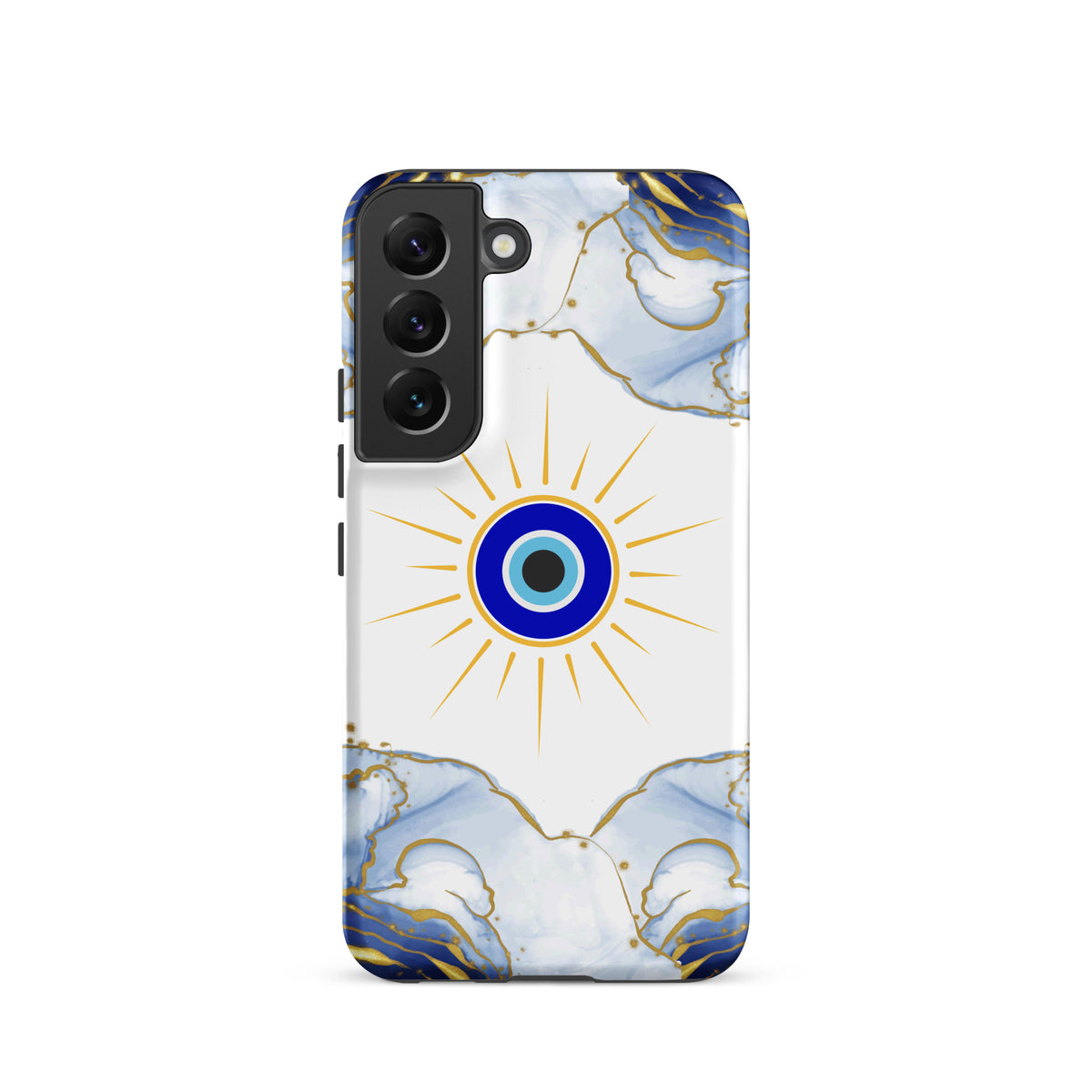 A phone case featuring a white background with a central blue and gold evil eye sun design, framed by symmetrical light blue and white marble patterns with gold veins at the top and bottom.