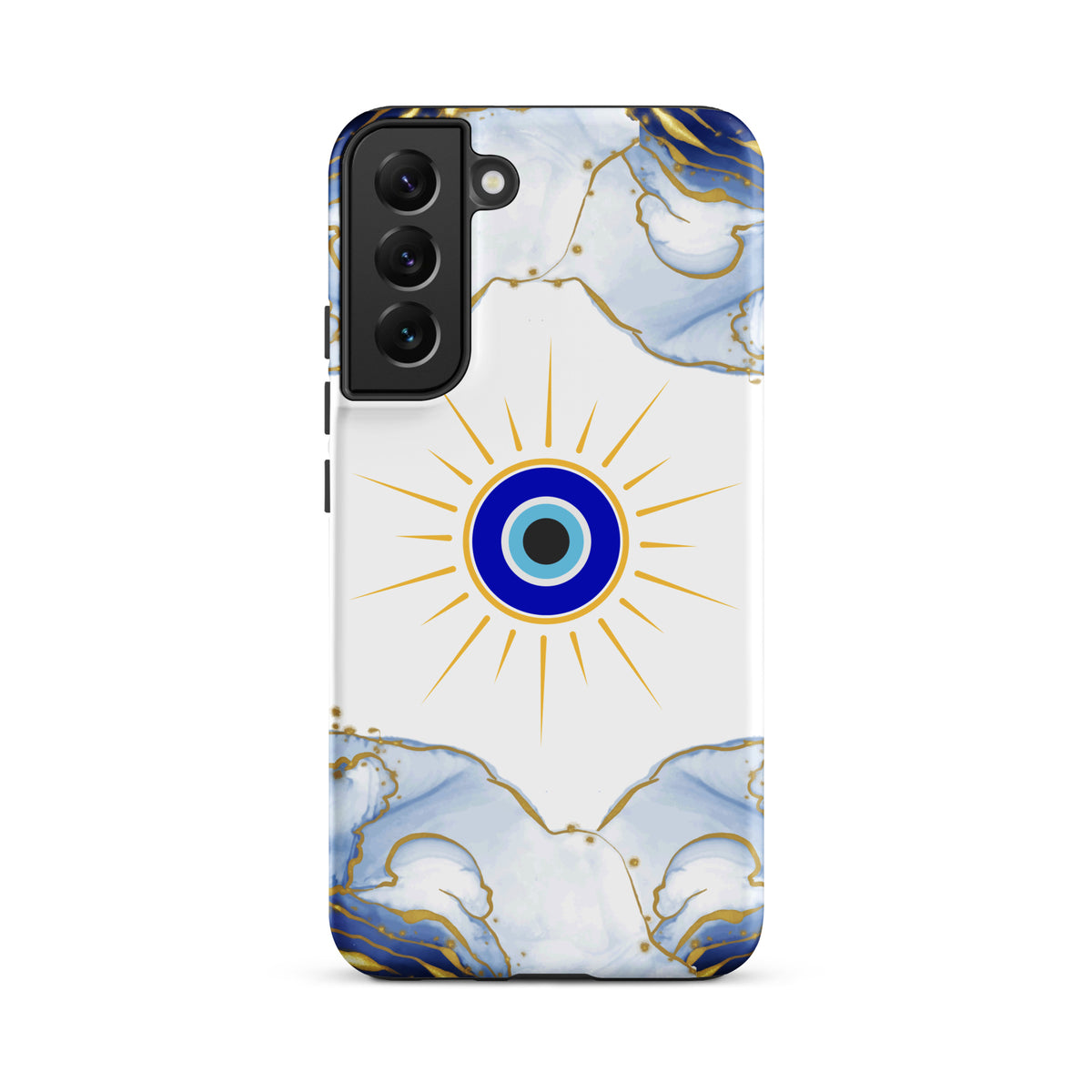 A phone case featuring a white background with a central blue and gold evil eye sun design, framed by light blue and gold marble patterns at the top and bottom, shown on a plain white background.