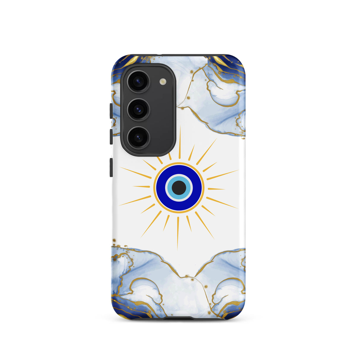 A phone case featuring a white background with a central blue and yellow evil eye sunburst motif, framed by light blue and gold marble cloud designs at the top and bottom.