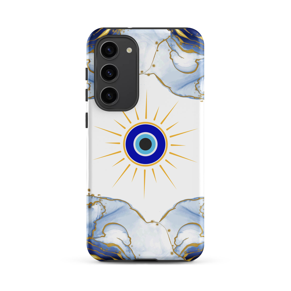A phone case featuring a central blue and gold evil eye design on a white background, framed by blue and gold marble patterns at the top and bottom, shown on a plain white background.