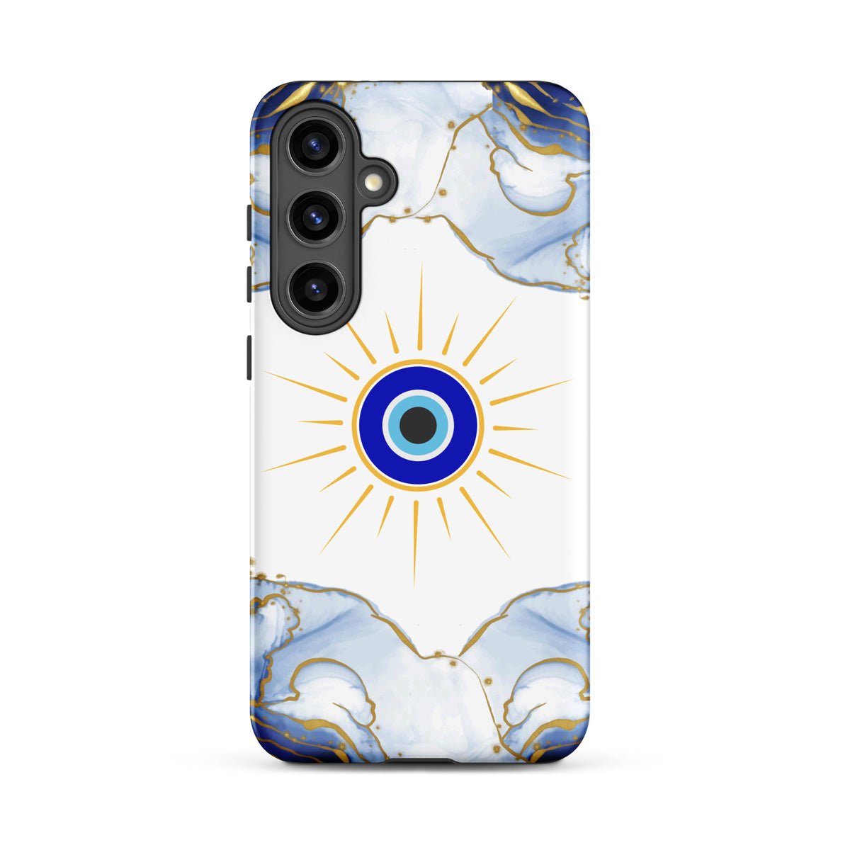 A phone case featuring a white background with a central blue and gold evil eye sunburst design, framed by blue and gold marble patterns at the top and bottom, shown on a plain white background.