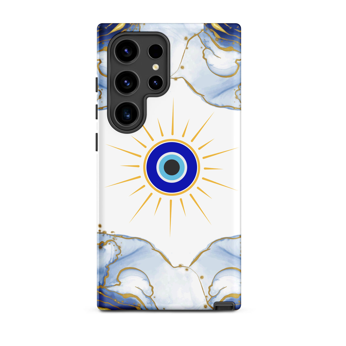 A protective phone case featuring a white background with a central blue and gold evil eye design, framed by a blue and gold marble pattern at the top and bottom.