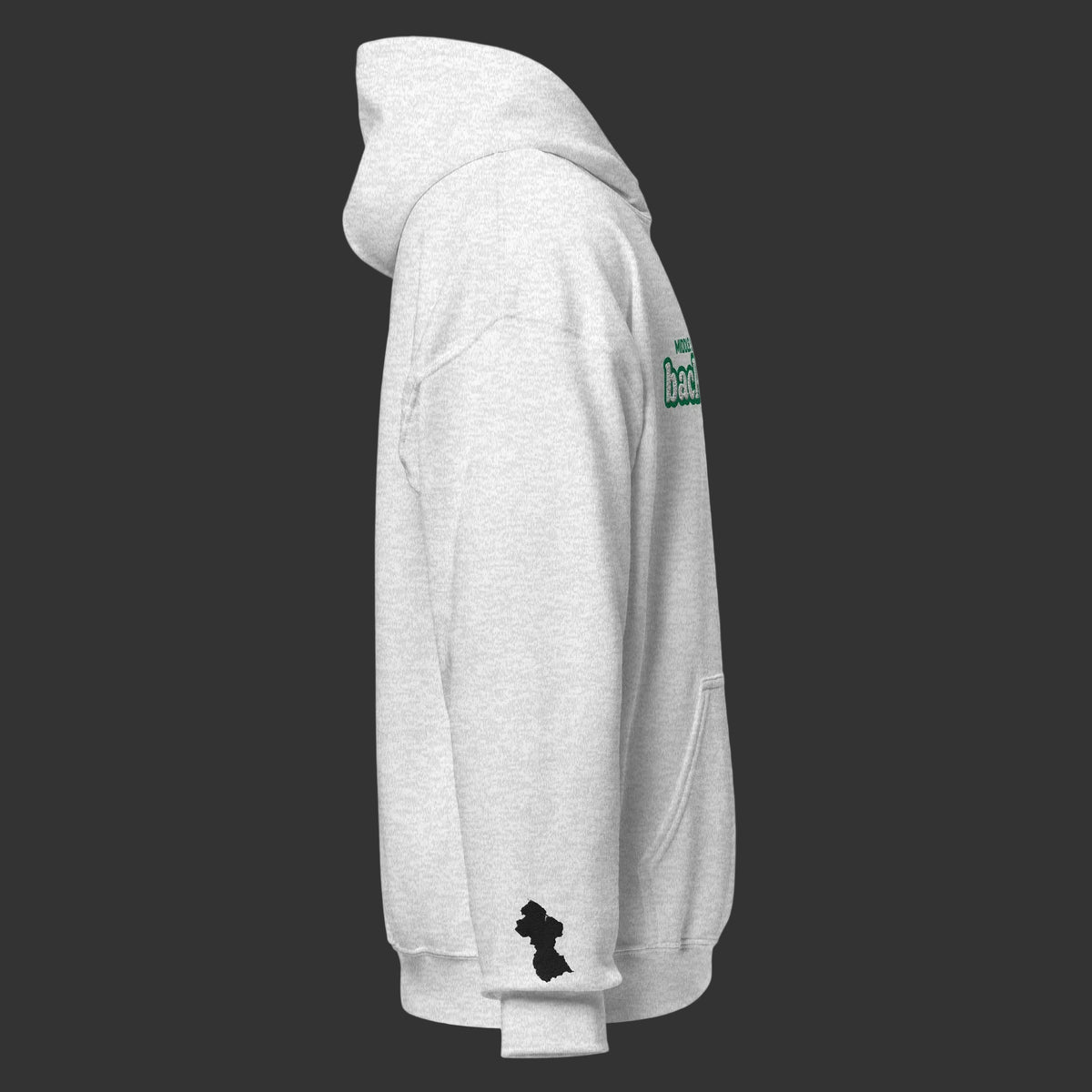 A light heather gray pullover hoodie shown from the side profile on a white background. The hoodie features a small black silhouette graphic on the lower left sleeve and green text on the upper right shoulder area.