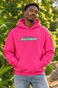 A bright pink pullover hoodie with a front kangaroo pocket and a chest graphic reading 'MIDDLE STREET backdam' in teal and white. A small black graphic is visible on the left sleeve.