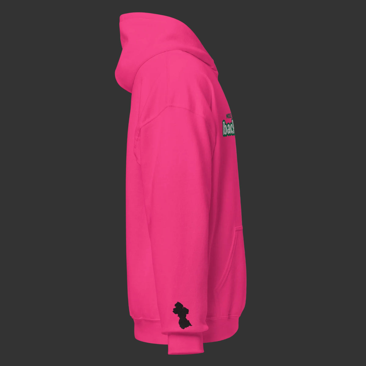 A bright pink pullover hoodie shown from the side profile on a plain white background. The hoodie features a small black silhouette logo on the lower left sleeve and a small green and white graphic on the upper right shoulder area.