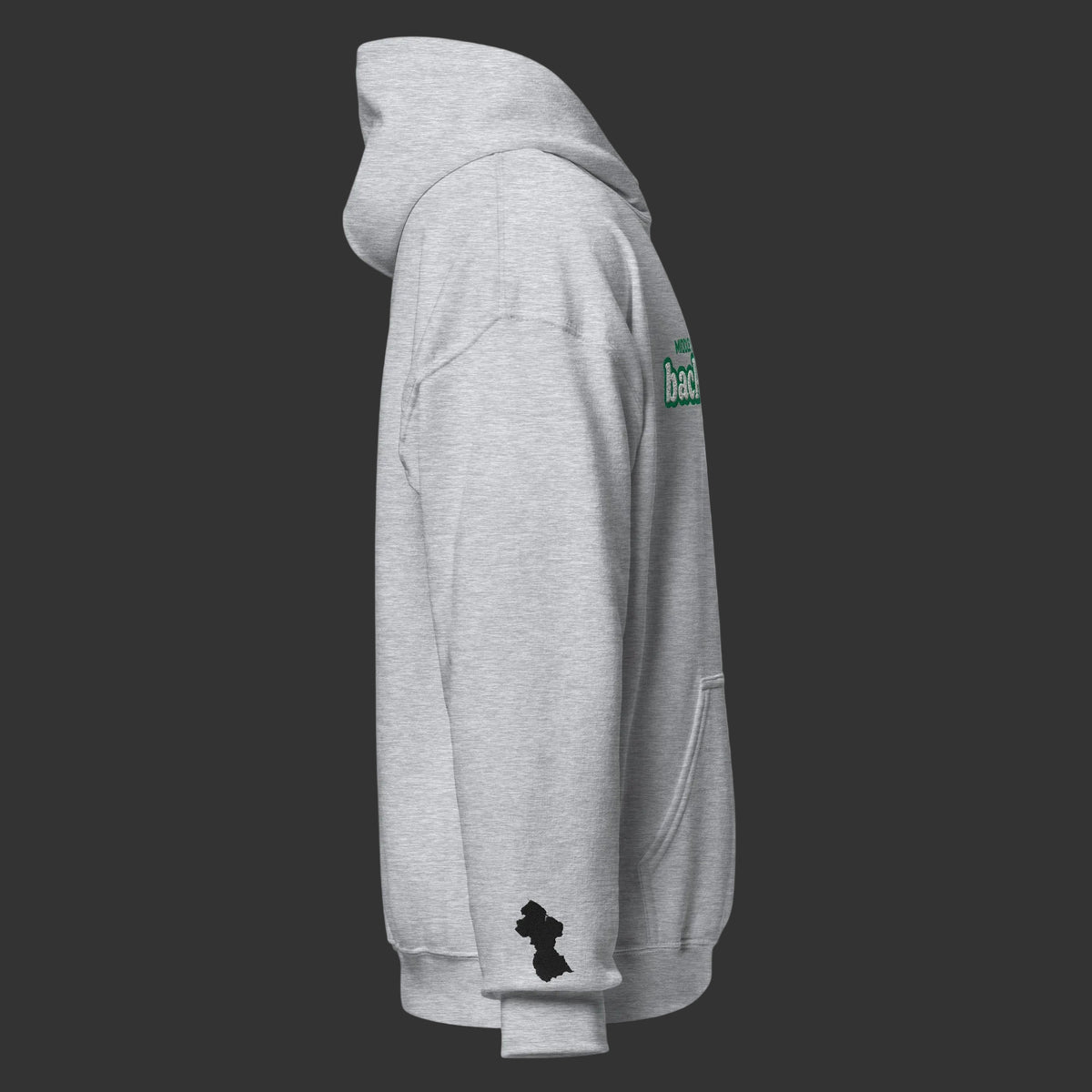 A heather gray pullover hoodie shown from the side profile on a white background, featuring a small black silhouette graphic on the lower sleeve and green text on the upper back.