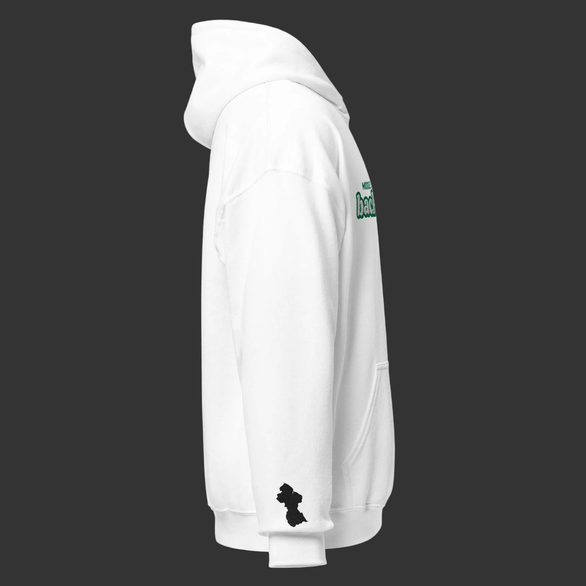 A white pullover hoodie shown from the side profile on a solid white background, featuring a small black Guyana map silhouette graphic on the left sleeve cuff a