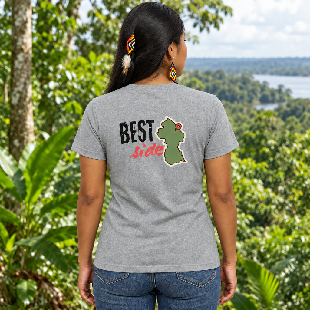 A heather gray short-sleeve t-shirt shown from the back, featuring a graphic print with the text 'BEST Side' and a green state outline of Guyana with a red pin.