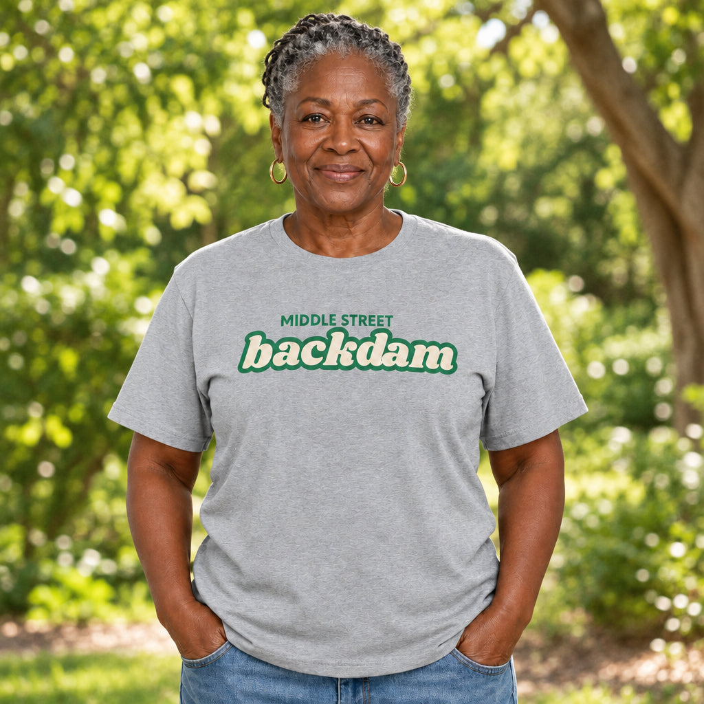 A grey short-sleeve crewneck t-shirt featuring a green graphic print on the chest that reads 'MIDDLE STREET backdam' in a retro font.