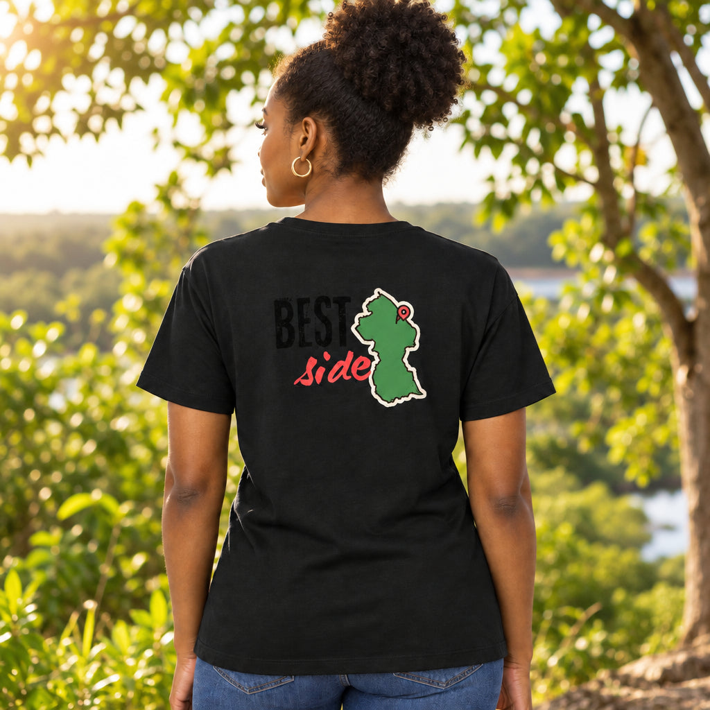 A black short-sleeve t-shirt shown from the back, featuring a graphic print with the text 'BEST Side' and a green  Guyana map outline with a red pin.