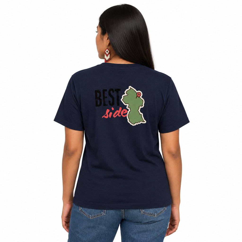 A navy blue short-sleeve t-shirt shown from the back, featuring a graphic print with the text 'BEST Side' and a green Guyana  map outline with a red pin.