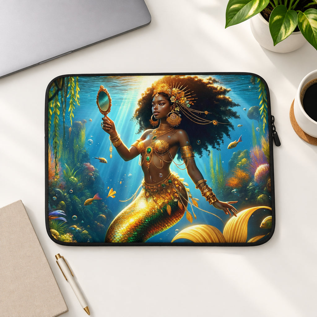 Laptop sleeve with mermaid design holding a mirror underwater