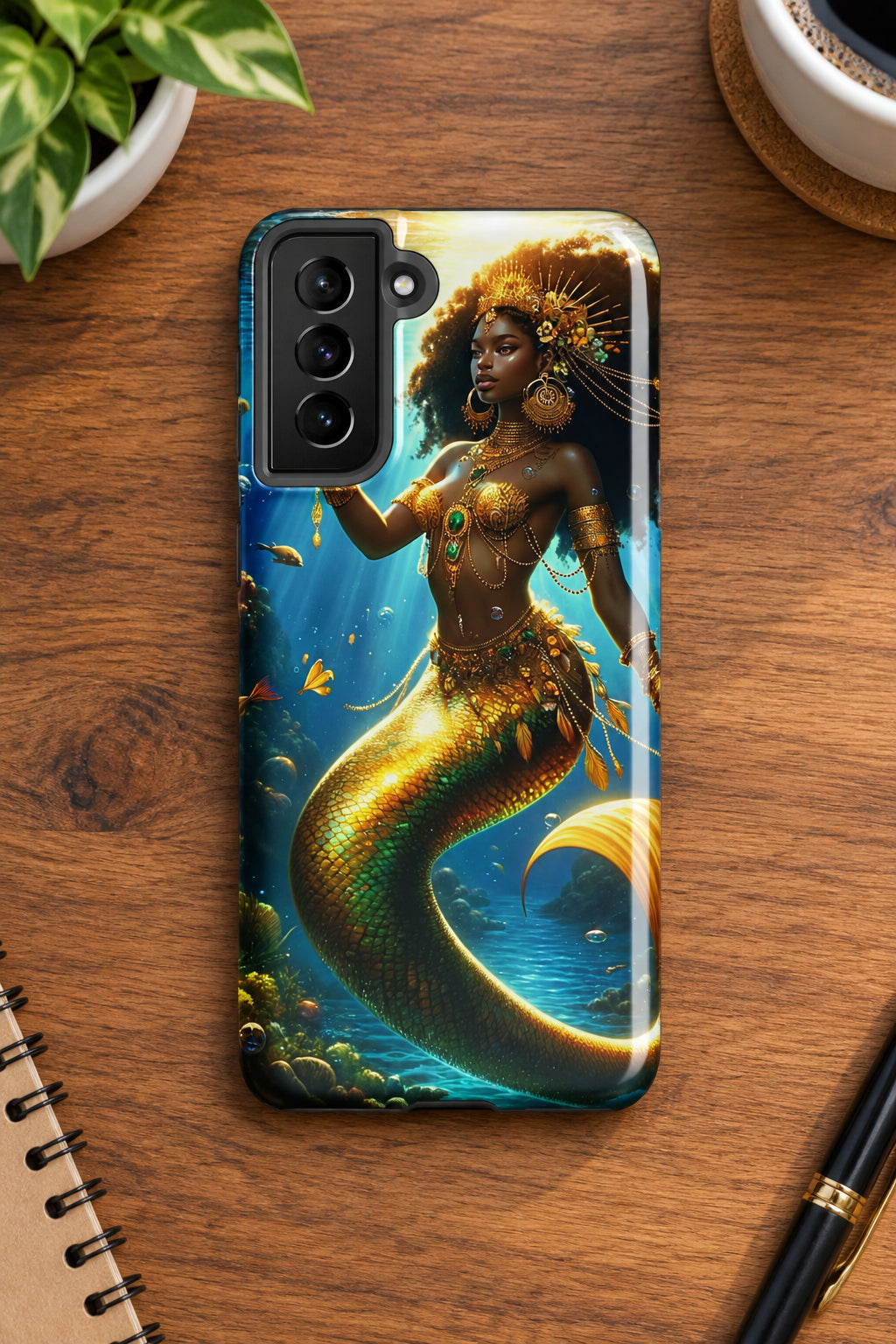 Phone case with a mermaid design on a white background