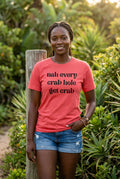 Red t-shirt with black text on a white background