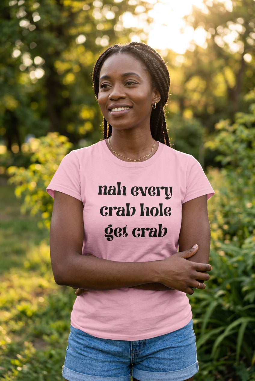 Pink t-shirt with black text on a white background
