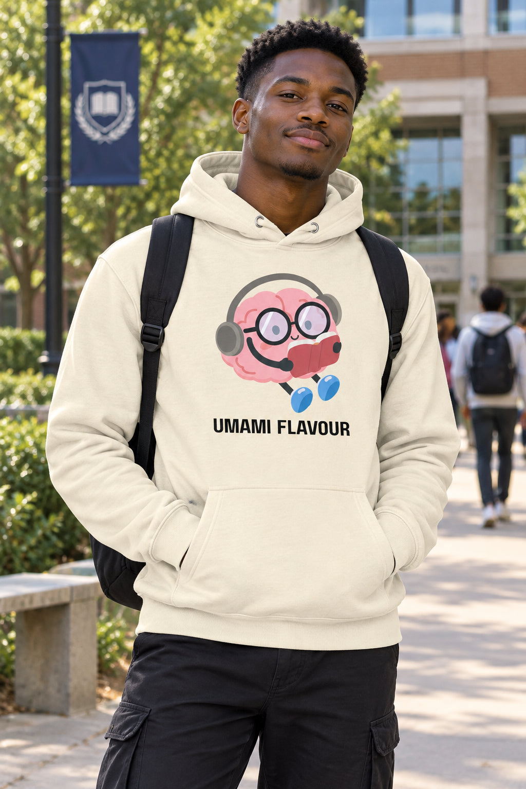 Beige hoodie with a cartoon character and 'Umami Flavour' text on a white background