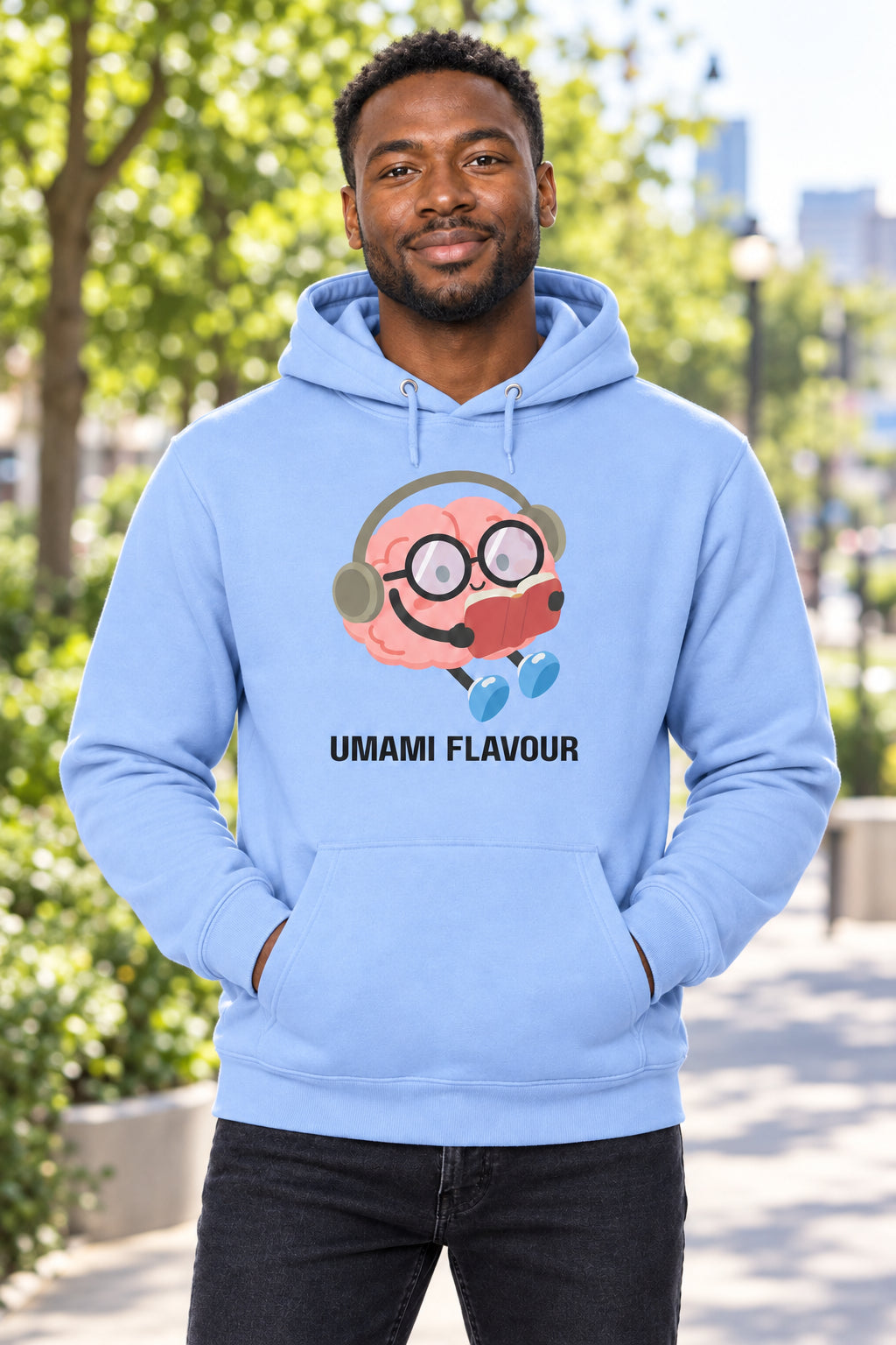 Light blue hoodie with a cartoon character and 'Umami Flavour' text on a white background