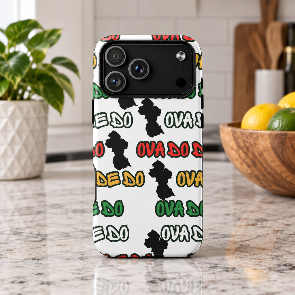 Phone case with black silhouette design and colorful text pattern on a white background