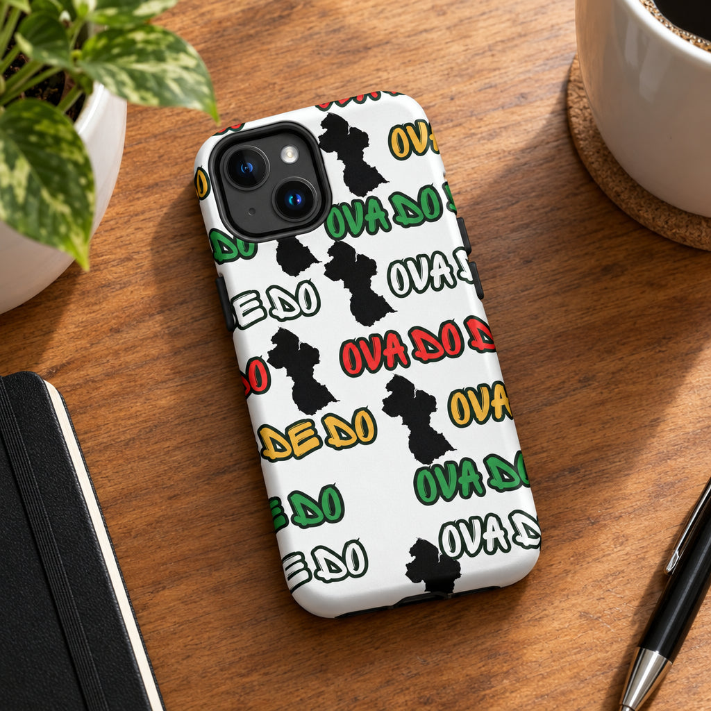 Phone case with black abstract shapes and colorful text on a white background