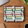Laptop sleeve with black silhouette pattern and text on a white background