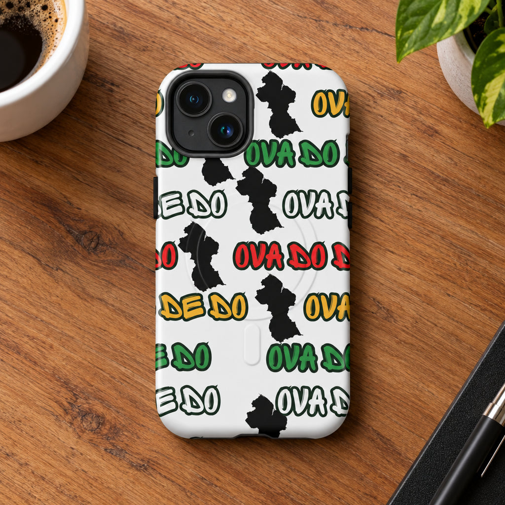 Phone case with colorful text and black shapes on a white background