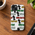 Phone case with colorful text and black shapes on a white background