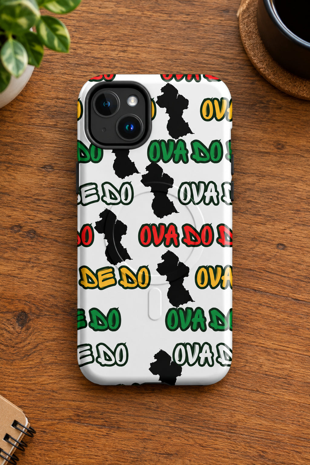 Phone case with colorful text and black shapes on a white background