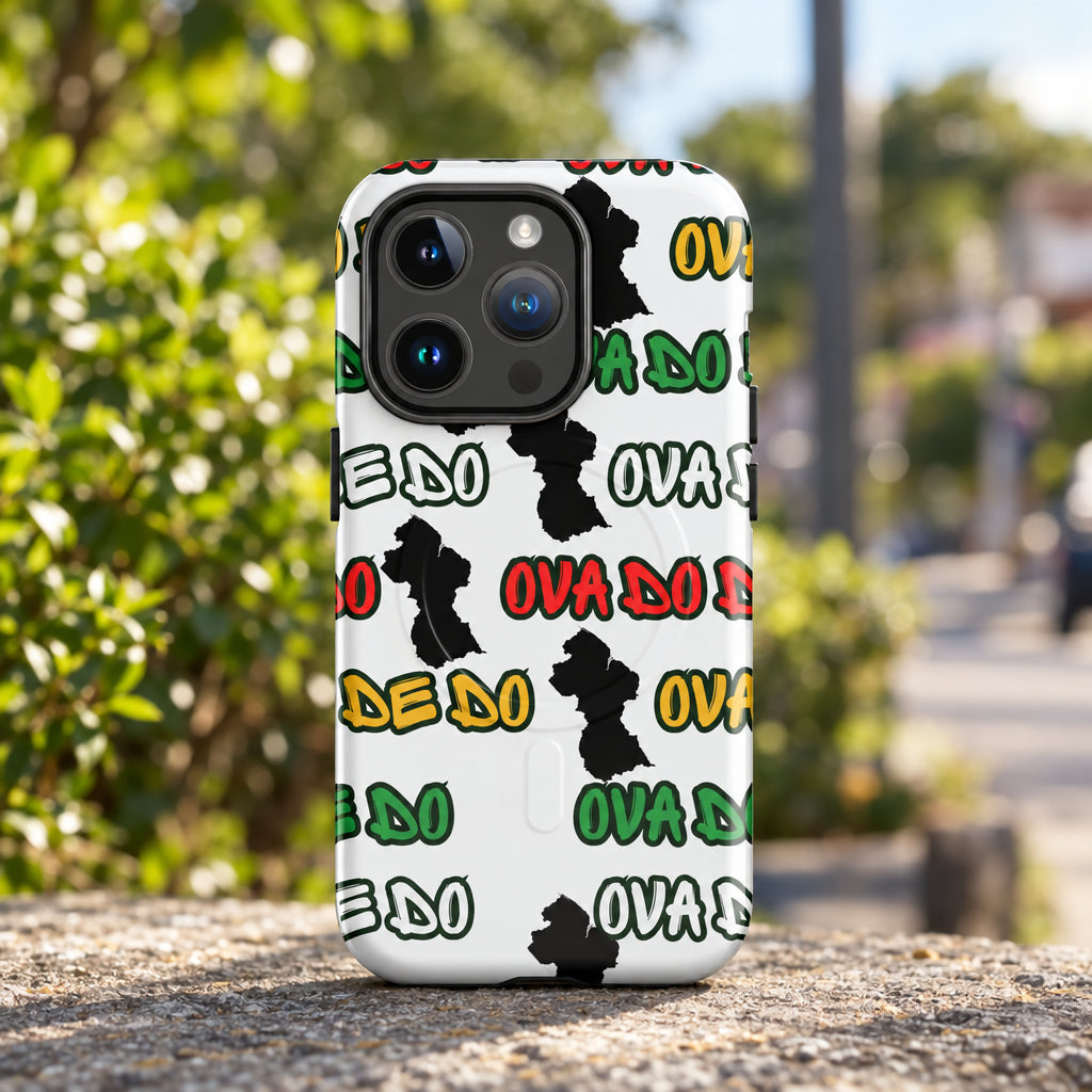 Phone case with colorful text and black shapes on a white background