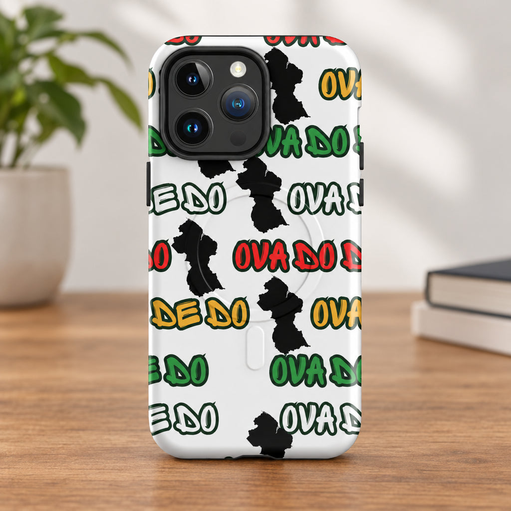 Phone case with colorful text pattern on a white background