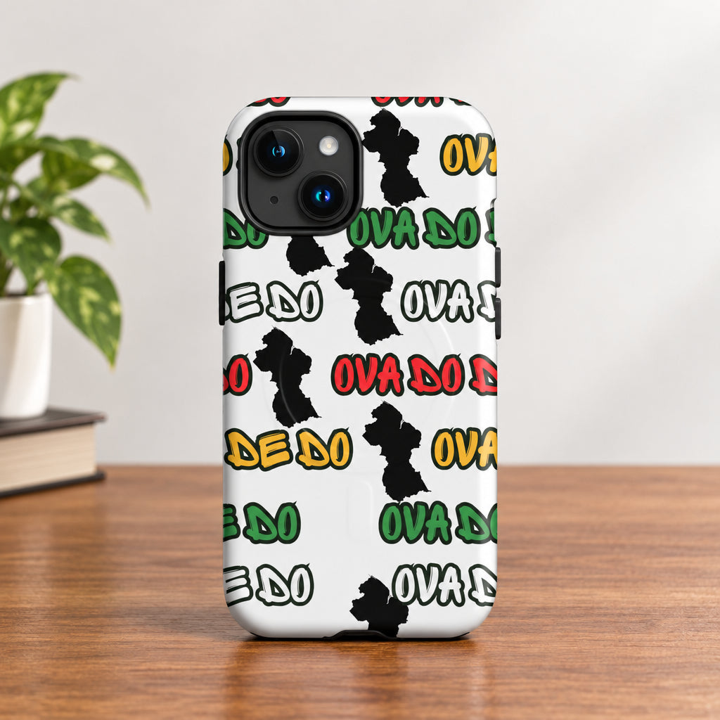Phone case with colorful text and black shapes on a white background