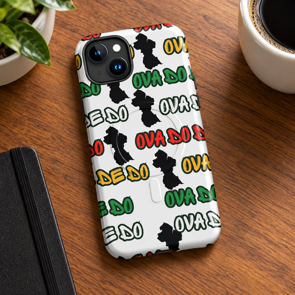 Phone case with black abstract shapes and colorful text on a white background